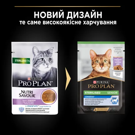 Вологий корм PRO PLAN Sterilised Senior для котів від 7 років після стерилізації шматочки у паштеті з індичкою 75 г — Фото 10