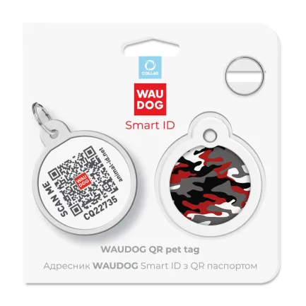 Адресник для собак і котів металевий WAUDOG Smart ID з QR паспортом, малюнок "Камо сірий", коло, Д 30 мм — Фото 4