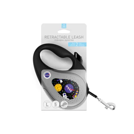 Повідець-рулетка для собак WAUDOG R-leash, малюнок "NASA", L, до 50 кг, 5 м, світловідбиваюча стрічка чорний — Фото 2