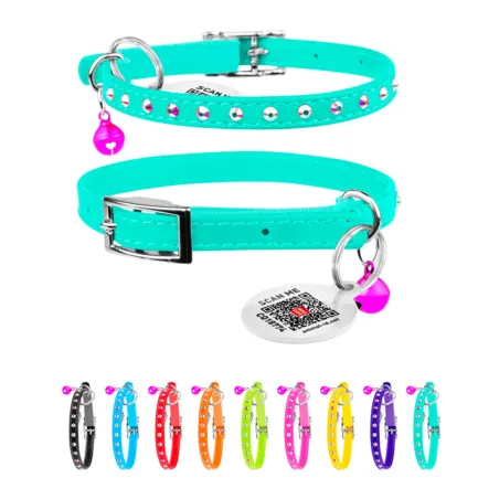 Нашийник "WAUDOG GLAMOUR" з резинкою, клейовими стразами, для котів (ширина 9мм, довжина 22-30см) ментоловий