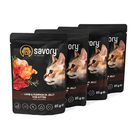 Набір паучів Savory Kitten "3+1" для кошенят, ягня з гарбузом у желе, 85 г — Фото 2