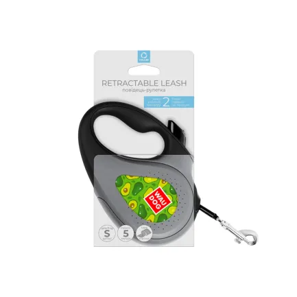 Повідець-рулетка для собак WAUDOG R-leash, малюнок "Авокадо", S, до 15 кг, 5 м, світловідбиваюча стрічка чорний — Фото 2