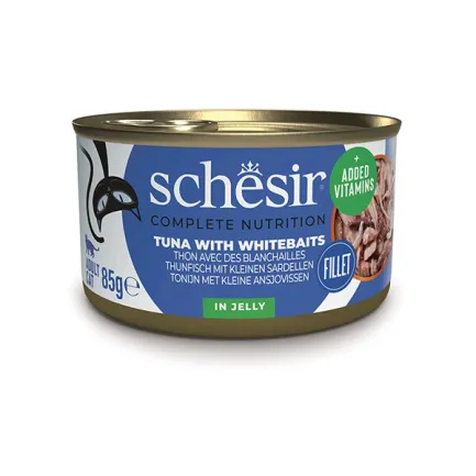 Schesir Tuna Whitebaits ШЕЗІР ТУНЕЦЬ З АНЧОУСАМИ в желе натуральні консерви для котів, вологий корм, банка 85г 0,085 кг