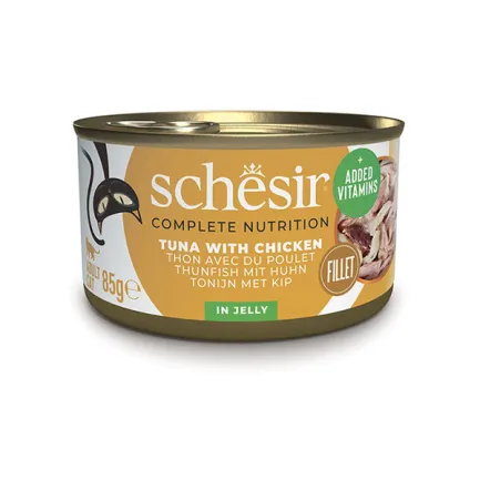 Schesir Tuna Chicken ШЕЗІР ТУНЕЦЬ З КУРЯЧИМ ФІЛЕ в желе натуральні консерви для котів, вологий корм, банка 85г 0,085 кг