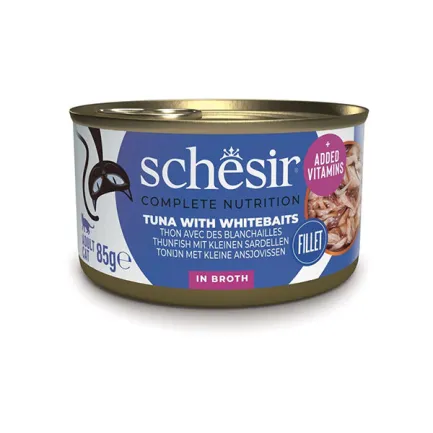 Schesir Tuna with Whitebaits ШЕЗІР ТУНЕЦЬ З АНЧОУСАМИ та рисом в бульйоні натуральні консерви для котів, вологий корм, банка 85г 0,085 кг