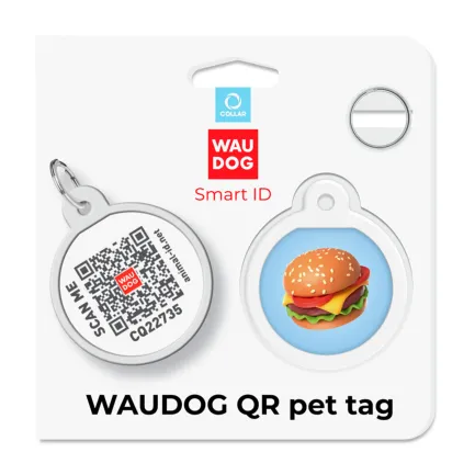 Адресник для собак і котів металевий WAUDOG Smart ID з QR паспортом, малюнок "Гамбургер", коло, Д 25 мм — Фото 3