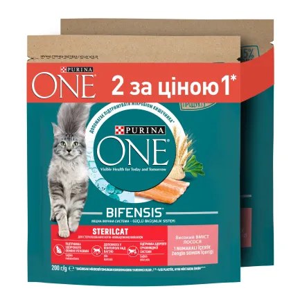 Сухий корм PURINA ONE Sterilcat для дорослих котів після стерилізації комплекс Bifensis з лососем та пшеницею, набір 2х200 г