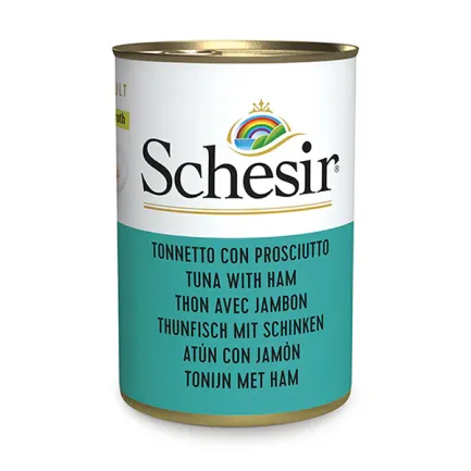 Schesir Tuna with Ham ШЕЗІР ТУНЕЦЬ З ШИНКОЮ в бульйоні натуральні консерви для котів, вологий корм, банка 140г 0,14 кг
