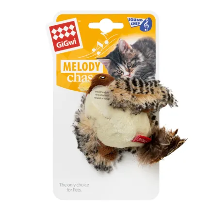 Іграшка для котів Пташка зі звуковим чіпом і котячої м'ятою Melody chaser, штучне хутро, перо, 13 см — Фото 1