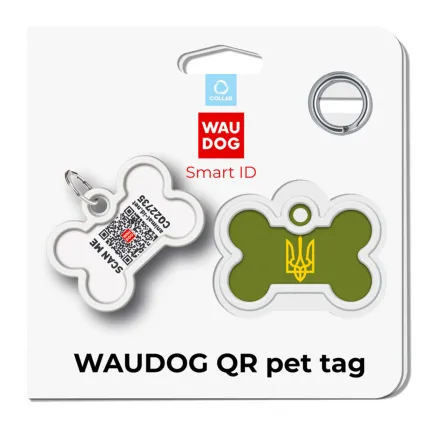 Адресник для собак і котів металевий WAUDOG Smart ID з QR паспортом, малюнок "Тризуб олива", кістка, Д 40 мм, Ш 28 мм — Фото 3