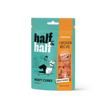 Ласощі для собак Half&amp;Half у формі м'ясних кубиків з куркою, 100 г