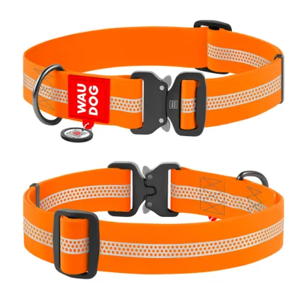 Нашийник для собак водостійкий WAUDOG Waterproof з QR-паспортом, світловідбиваючий, металева пряжка-фастекс, XXL, Ш 40 мм, Д 46-70 см, помаранчевий