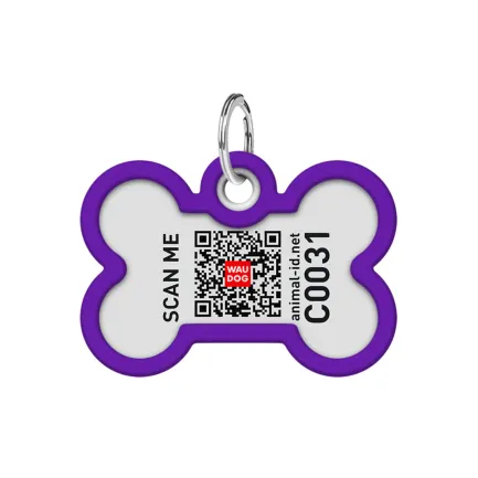 Адресник для собак і котів металевий WAUDOG Smart ID з QR паспортом, малюнок "Градієнт фіолетовий", кістка, Д 40 мм, Ш 28 мм — Фото 1