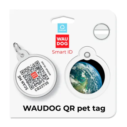 Адресник для собак і котів металевий WAUDOG Smart ID з QR паспортом, малюнок "Земля", коло, Д 30 мм — Фото 3
