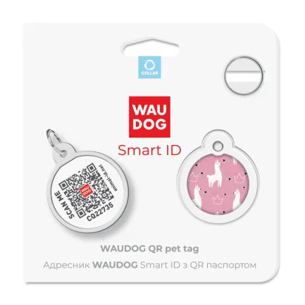 Адресник для собак та котів металічний WAUDOG Smart ID з QR паспортом, малюнок "Лами", круг, Д 25 мм — Фото 4