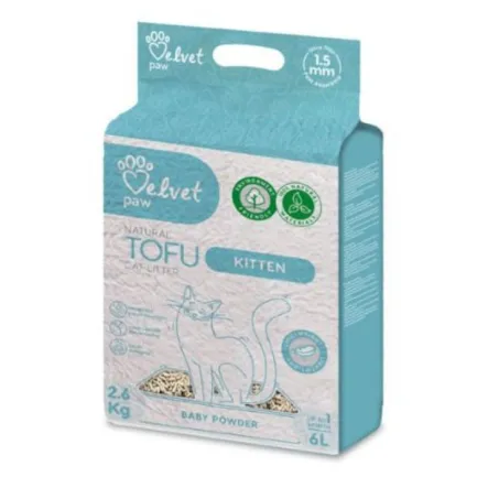VELVET PAW TOFU Наповнювач для кошенят, з есенцією дитячої присипки, гранули 1.5 мм, 6 л/2,6 кг
