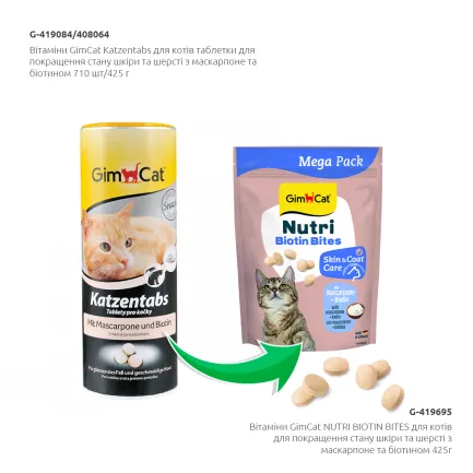 Вітаміни GimCat NUTRI BIOTIN BITES для котів для покращення стану шкіри та шерсті з маскарпоне та біотином 425г — Фото 4