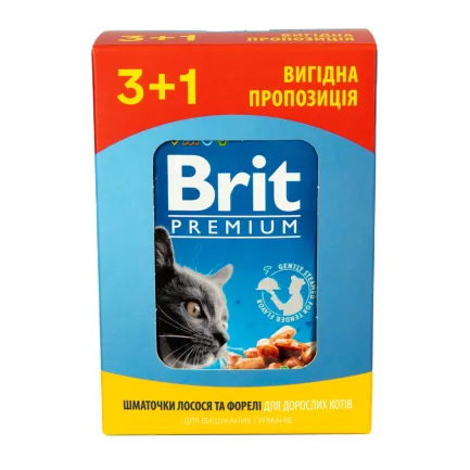 Набір паучів "3+1" для котів Brit Premium Cat pouch з лососем і фореллю, 4 х 100г — Фото 3