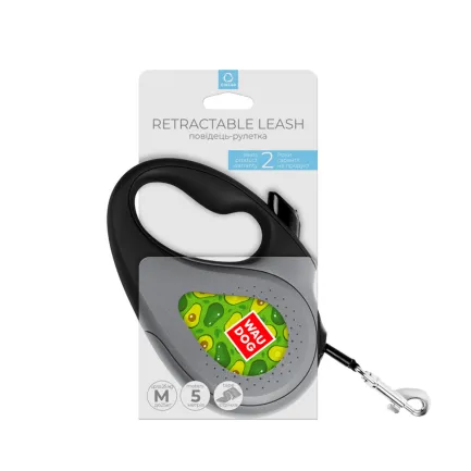 Повідець-рулетка для собак WAUDOG R-leash, малюнок "Авокадо", M, до 25 кг, 5 м, світловідбиваюча стрічка чорний — Фото 3