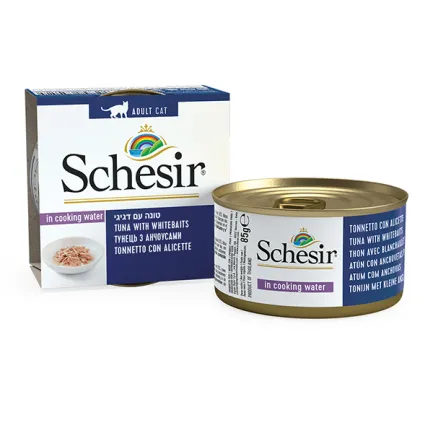 Schesir Tuna with Whitebaits ШЕЗІР ТУНЕЦЬ З АНЧОУСАМИ та рисом в бульйоні натуральні консерви для котів, вологий корм, банка 85г 0,085 кг — Фото 1