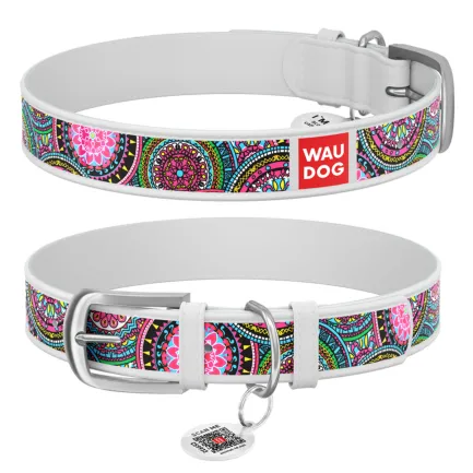 Нашийник WAUDOG Design з малюнком "Мандали", преміум шкіра, металева пряжка (ширина 25 мм, довжина 38-49 см) білий