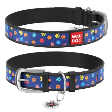 Нашийник WAUDOG Design з малюнком "Пікселі", преміум шкіра, металева пряжка (ширина 15 мм, довжина 27-36 см) чорний