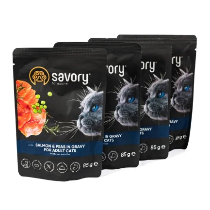 Набір паучів Savory Adult "3+1" для котів, лосось з горохом у соусі, 85 г — Фото 2