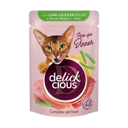DELICKCIOUS Шматочки з ягнятиною, курячим філе і квасолею спаржевою в желе 0,085 кг