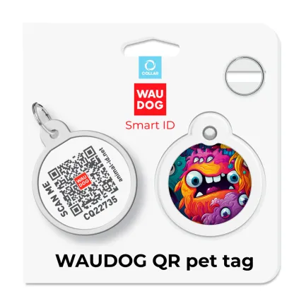 Адресник для собак і котів металевий WAUDOG Smart ID з QR паспортом, малюнок "Зубасті монстри", коло, Д 30 мм — Фото 4