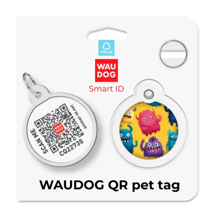 Адресник для собак і котів металевий WAUDOG Smart ID з QR паспортом, малюнок "Мохнаті монстри", коло, Д 30 мм — Фото 4