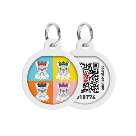 Адресник для собак та котів металічний WAUDOG Smart ID з QR паспортом, малюнок "Французький бульдог", круг, Д 25 мм