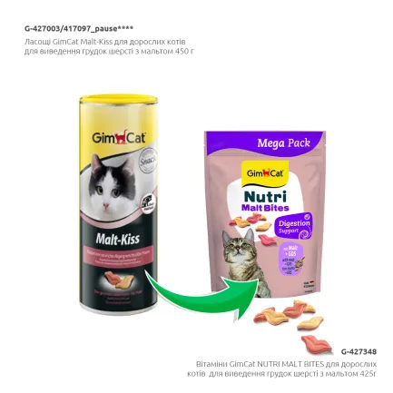 Вітаміни GimCat NUTRI MALT BITES для дорослих котів для виведення грудок шерсті з мальтом 425г — Фото 4