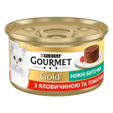 Вологий корм GOURMET Gold "Ніжні биточки" для дорослих котів з яловичиною та томатами 85 г — Фото 1