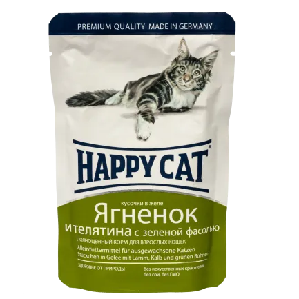 Вологий корм Happy Cat для котів з ягням і телятиною із зеленою квасолею, 0,1 кг, 1002307