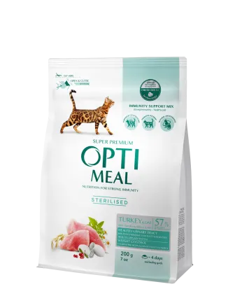 OPTIMEAL™. Повнораціонний сухий корм для стериліз. кішок та кастр. котів - індичка та овес 0,2 кг