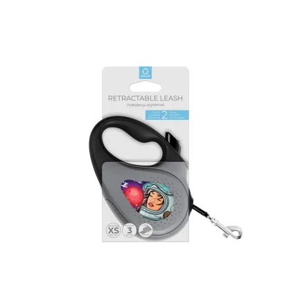 Повідець-рулетка для собак WAUDOG R-leash, малюнок "Більше космосу", світловідбиваюча стрічка, XS, до 12 кг, 3 м чорний — Фото 1