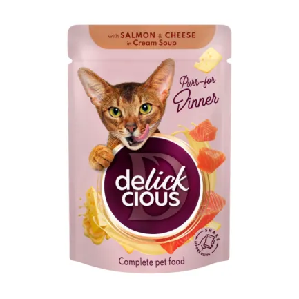 DELICKCIOUS™ "Смужки з лососем та сиром в крем супі". Повнор консер корм для дор котів, 0,085 кг Lt