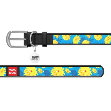 Нашийник WAUDOG Design з малюнком "Квіти на блакитному", преміум шкіра, металева пряжка (ширина 12 мм, довжина 21-29 см) чорний — Фото 2