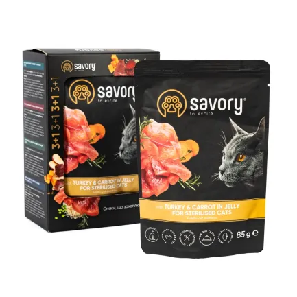 Набір паучів Savory Sterilised "3+1" для стерилізованих котів, індичка з морквою в желе, 85 г — Фото 1