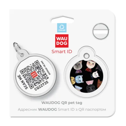 Адресник для собак і котів металевий WAUDOG Smart ID з QR паспортом, малюнок "Коти", коло, Д 30 мм — Фото 4