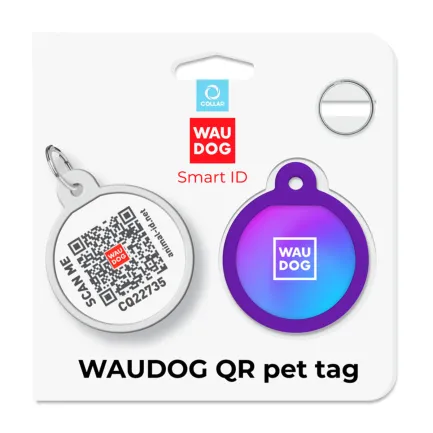 Адресник для собак і котів металевий WAUDOG Smart ID з QR паспортом, малюнок "Градієнт фіолетовий", коло, Д 25 мм — Фото 3