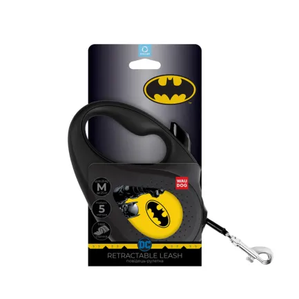 Повідець-рулетка для собак WAUDOG R-leash, малюнок "Бетмен Жовтий", M, до 25 кг, 5 м, світловідбиваюча стрічка чорний — Фото 1