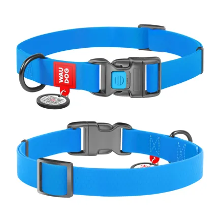 Нашийник для собак водостійкий WAUDOG Waterproof c QR паспортом, пластикова пряжка-фастекс, Ш 25 мм, Дов 34-49 см, блакитний — Фото 1