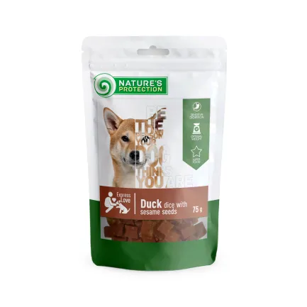 Ласощі для собак, шматочки з качки з насінням кунжуту, Nature's Protection Duck dice and with sesame seeds, 75 г