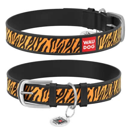 Нашийник WAUDOG Design з малюнком "Тигр", преміум шкіра, металева пряжка (ширина 15 мм, довжина 27-36 см) чорний