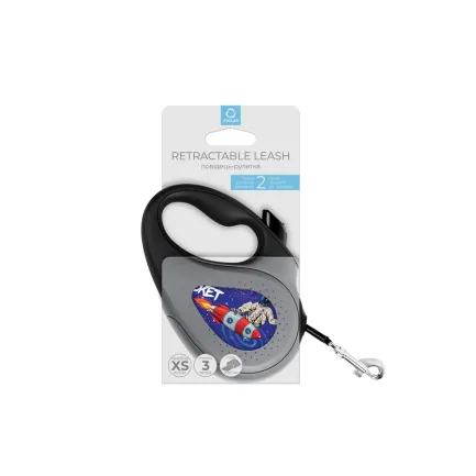 Повідець-рулетка для собак WAUDOG R-leash, малюнок "Ракета", світловідбиваюча стрічка, XS, до 12 кг, 3 м чорний — Фото 1