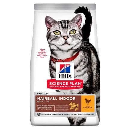 Hill's Science Plan Adult Hairball Indoor Сухий корм для виведення грудочок шерсті зі шлунково-кишкового тракту у дорослих домашніх котів, з куркою, 1,5 кг