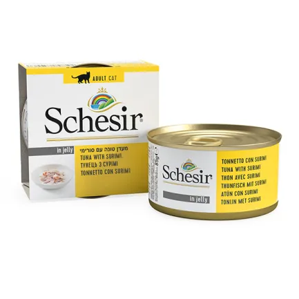 Schesir Tuna with Surimi ШЕЗІР ТУНЕЦЬ З СУРІМІ в желе натуральні консерви для котів, вологий корм, банка 85г 0,085 кг — Фото 1