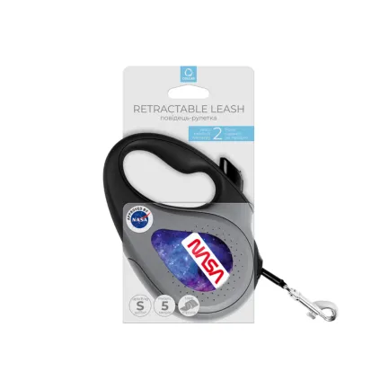 Повідець-рулетка для собак WAUDOG R-leash, малюнок "NASA21", S, до 15 кг, 5 м, світловідбиваюча стрічка чорний — Фото 1