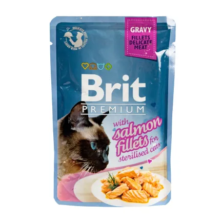 Вологий корм Brit Premium Cat Pouch для стерилізованих котів, філе лосося в соусі, 85 г